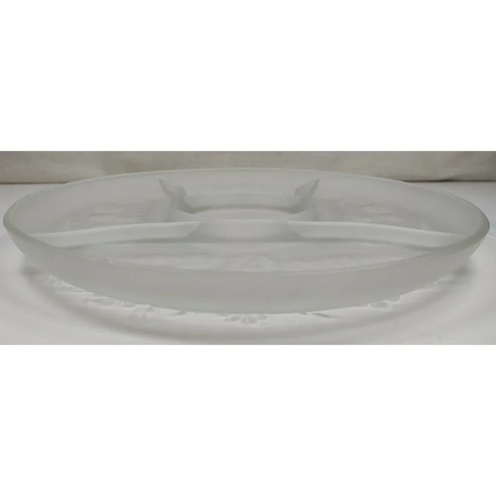 Vintage Large Frosted Glass Carved Flowers & Leaves 4 Slots Tray Serving Platter